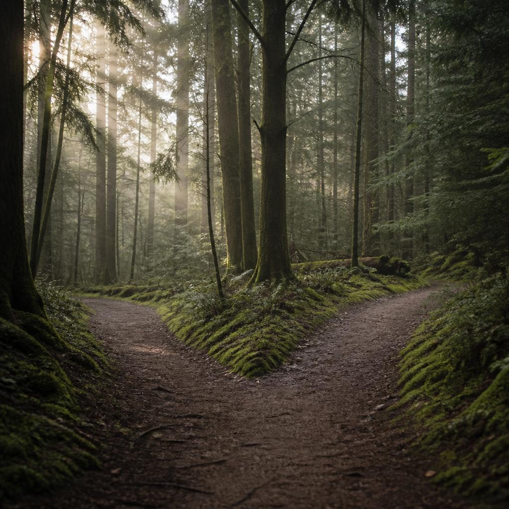 A quiet forest path that splits in two directions, bathed in soft morning light
